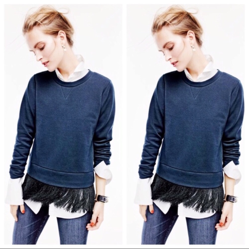 NWT Navy Blue JCrew Sweatshirt with black fringe